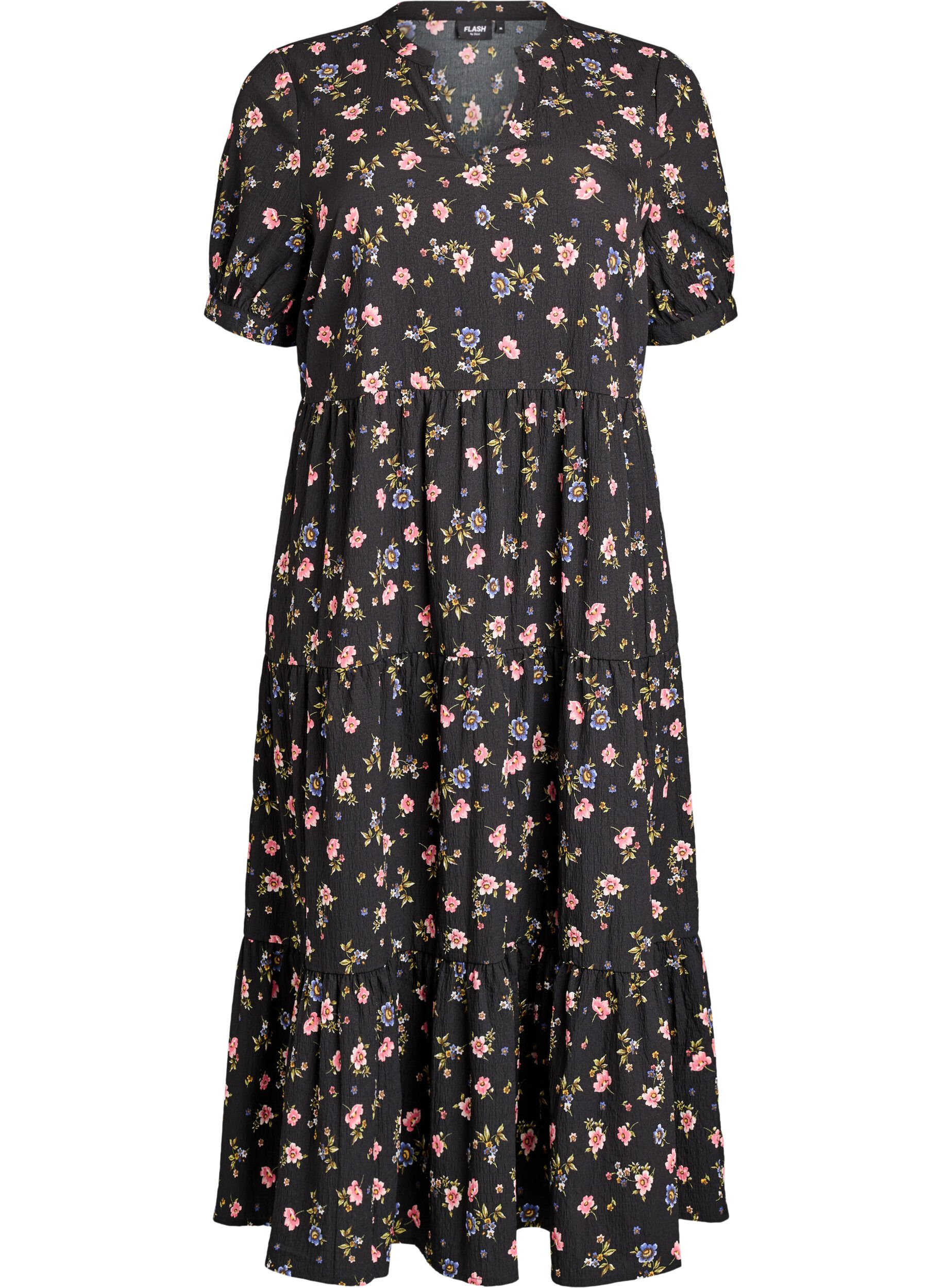 ZizziAnkell&aring;ng kl&auml;nning med korta &auml;rmar och volanger i etapper, Svart, Packshot image number 0