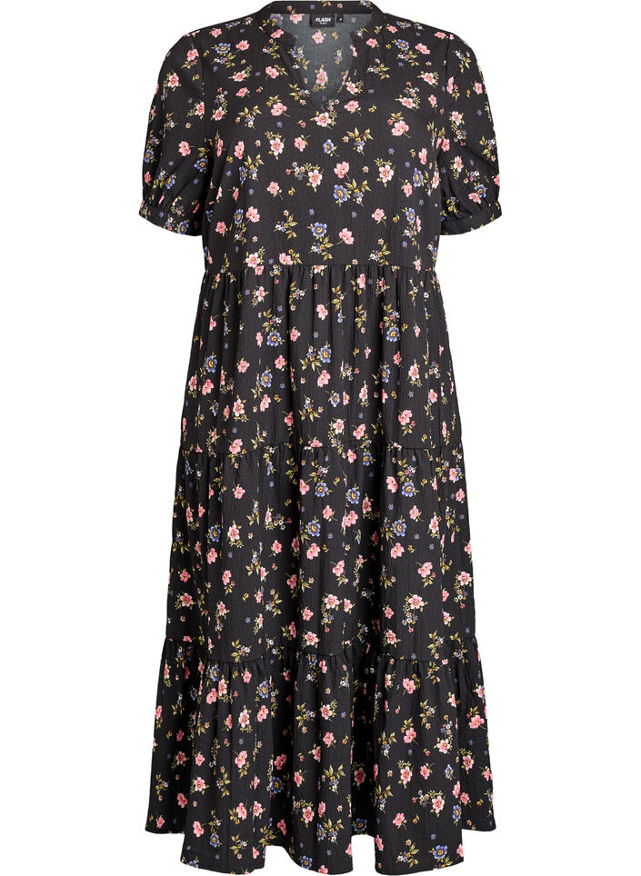 Ankell&aring;ng kl&auml;nning med korta &auml;rmar och volanger i etapper, Svart, Packshot image number 0