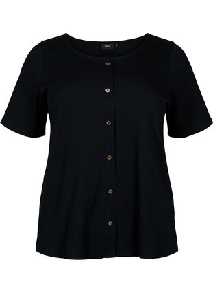 Ribbad t-shirt med knappar och korta ärmar, Black, Packshot image number 0