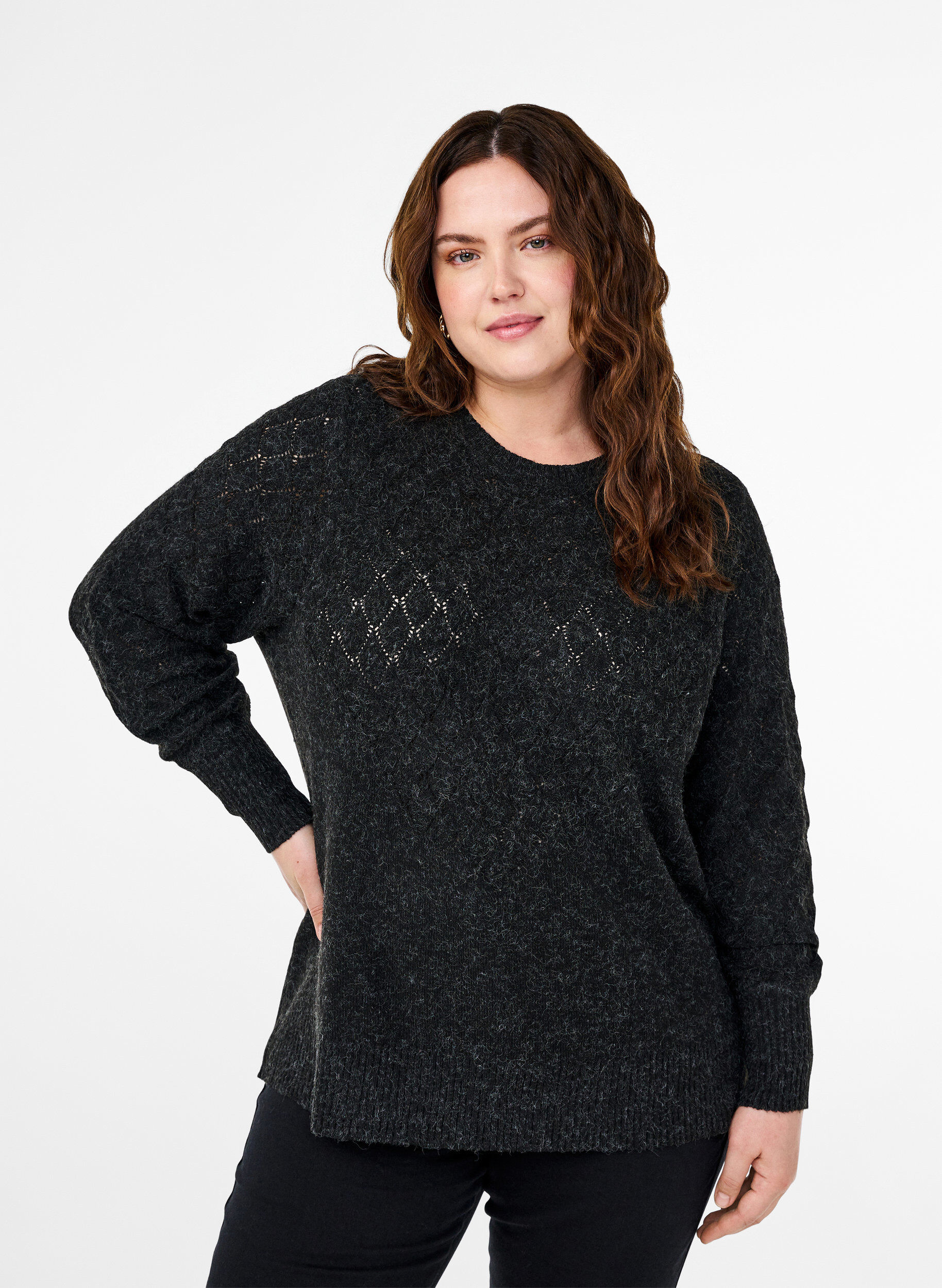 Zizzi Stickad blus med spetsm&ouml;nster, Dark Grey Melange, Model image number 0