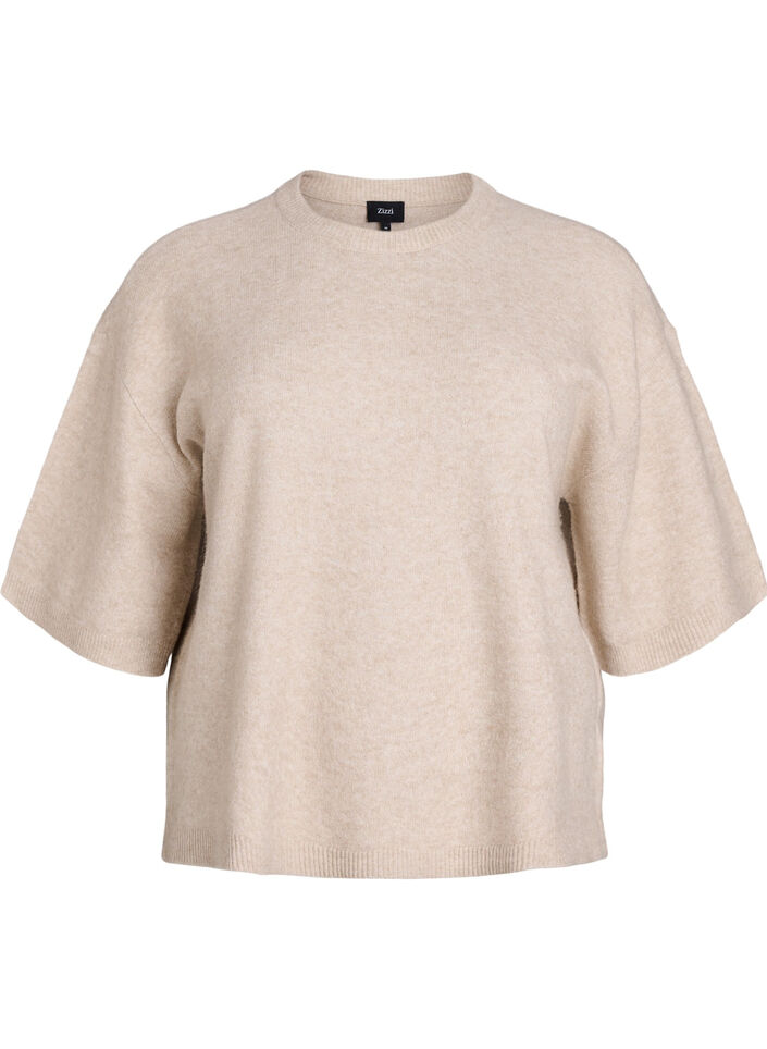 L&ouml;st stickad blus med korta &auml;rmar, Beige, Packshot image number 0
