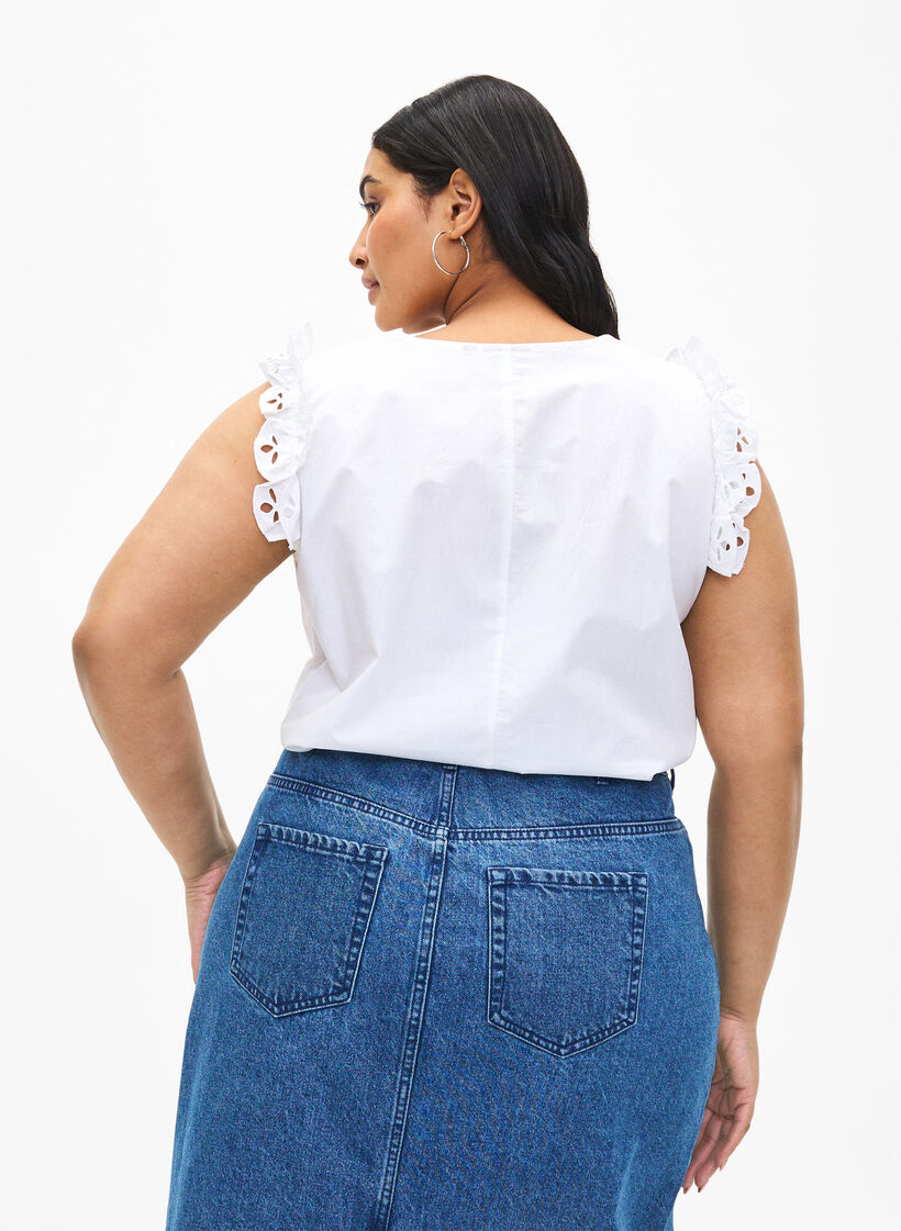 Ärmlös bomullstopp med volanger, Vit, Model image number 2