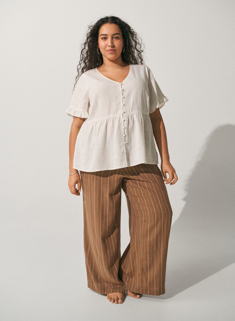 Blus i linne och viskos med v-ringning och kn&auml;ppning, Vit, Image