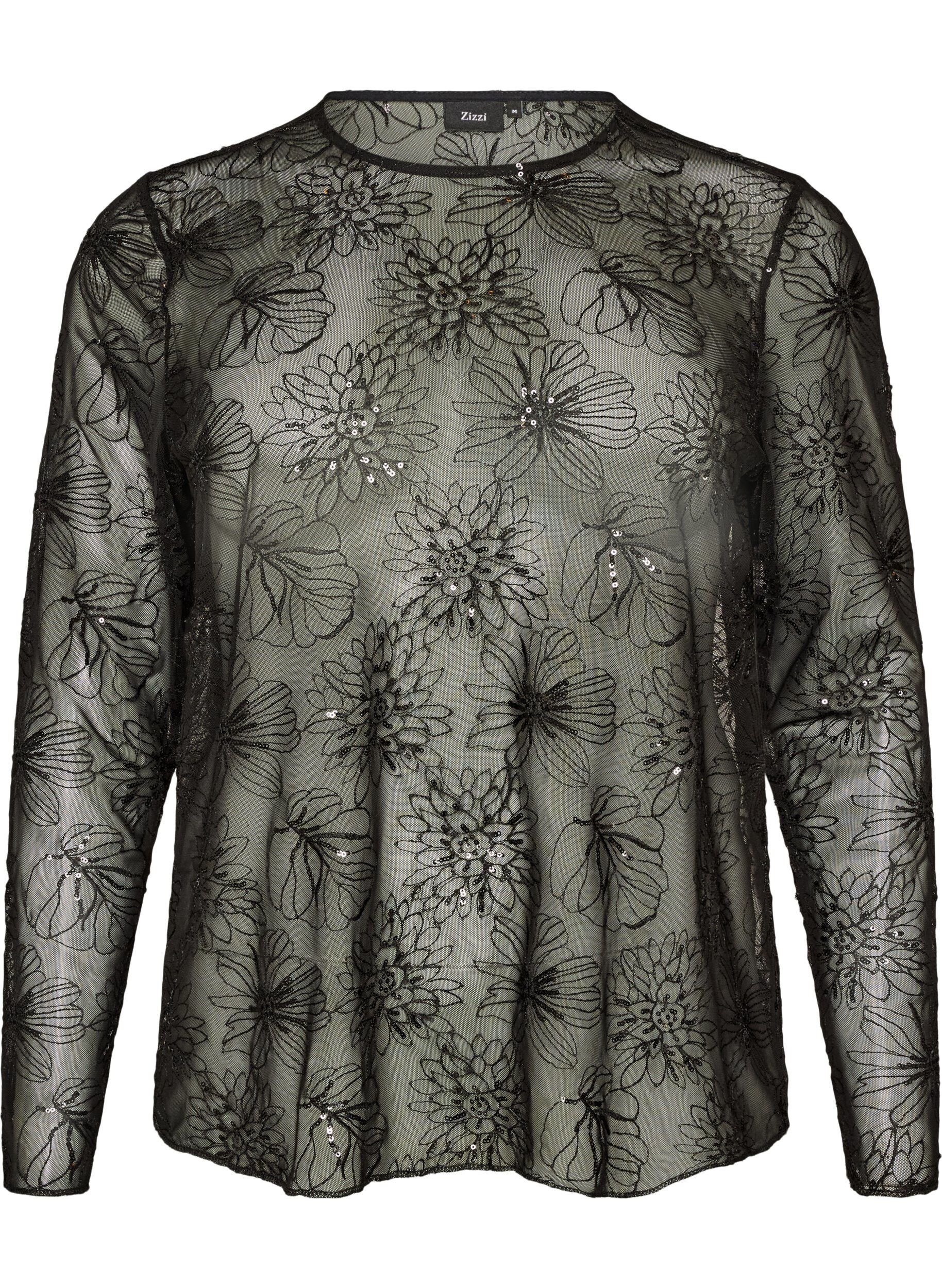 ZizziBlus i mesh med blommor och paljetter, Svart, Packshot image number 0