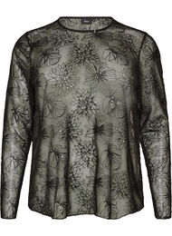 Blus i mesh med blommor och paljetter, Svart