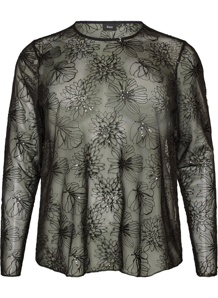 Blus i mesh med blommor och paljetter, Svart, Packshot image number 0
