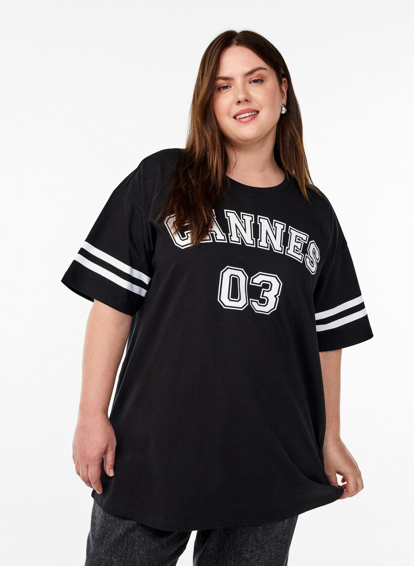 Sportig oversized college-t-shirt, Svart, Model image number 0
