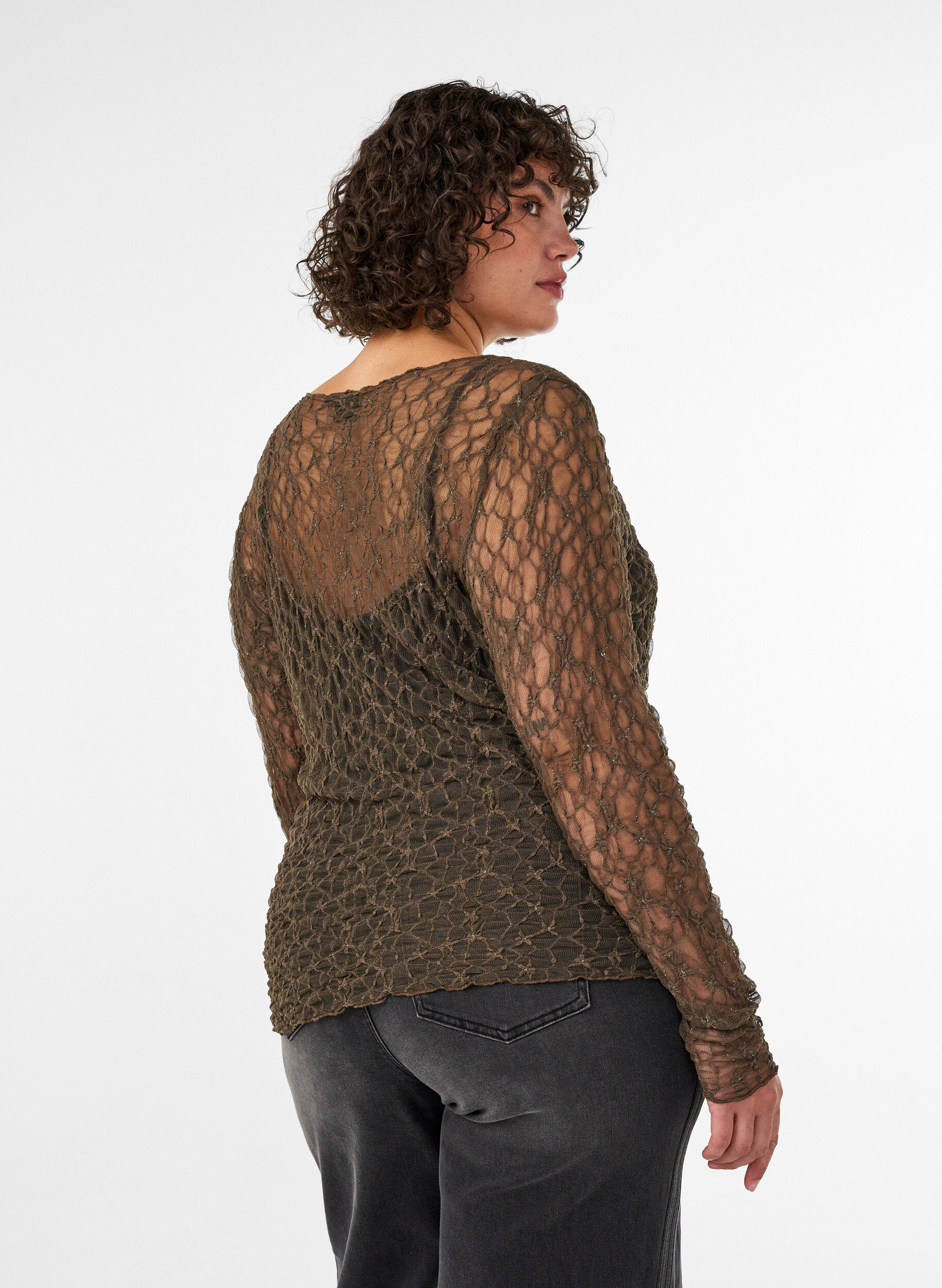 ZizziBlus i mesh med m&ouml;nster och glittertr&aring;d, Brun, Model image number 2