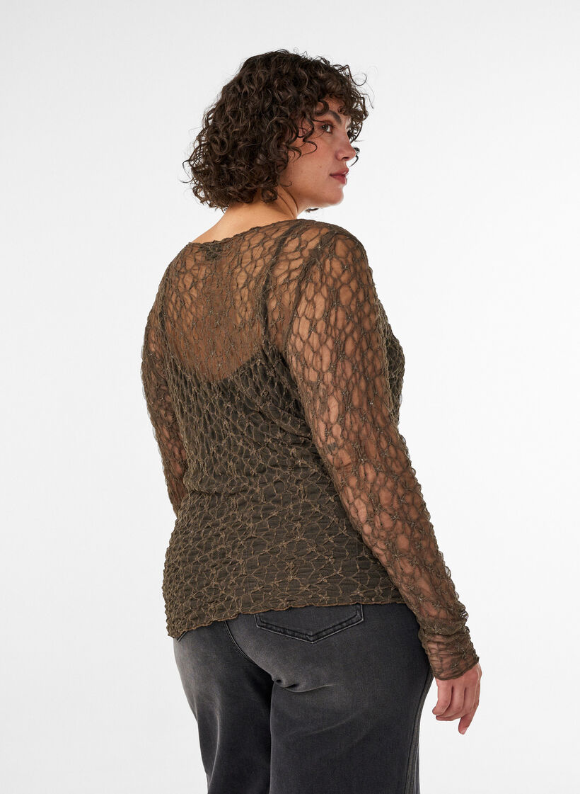 Blus i mesh med m&ouml;nster och glittertr&aring;d, Brun, Model image number 2