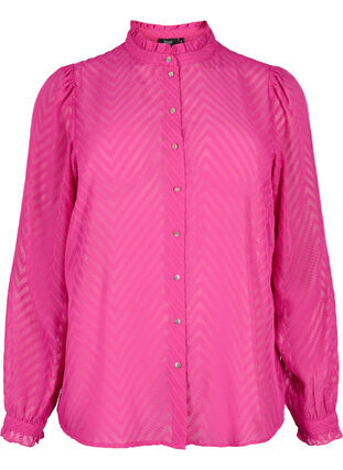 Skjortblus med volanger och mönstrad textur, Festival Fuchsia, Packshot image number 0