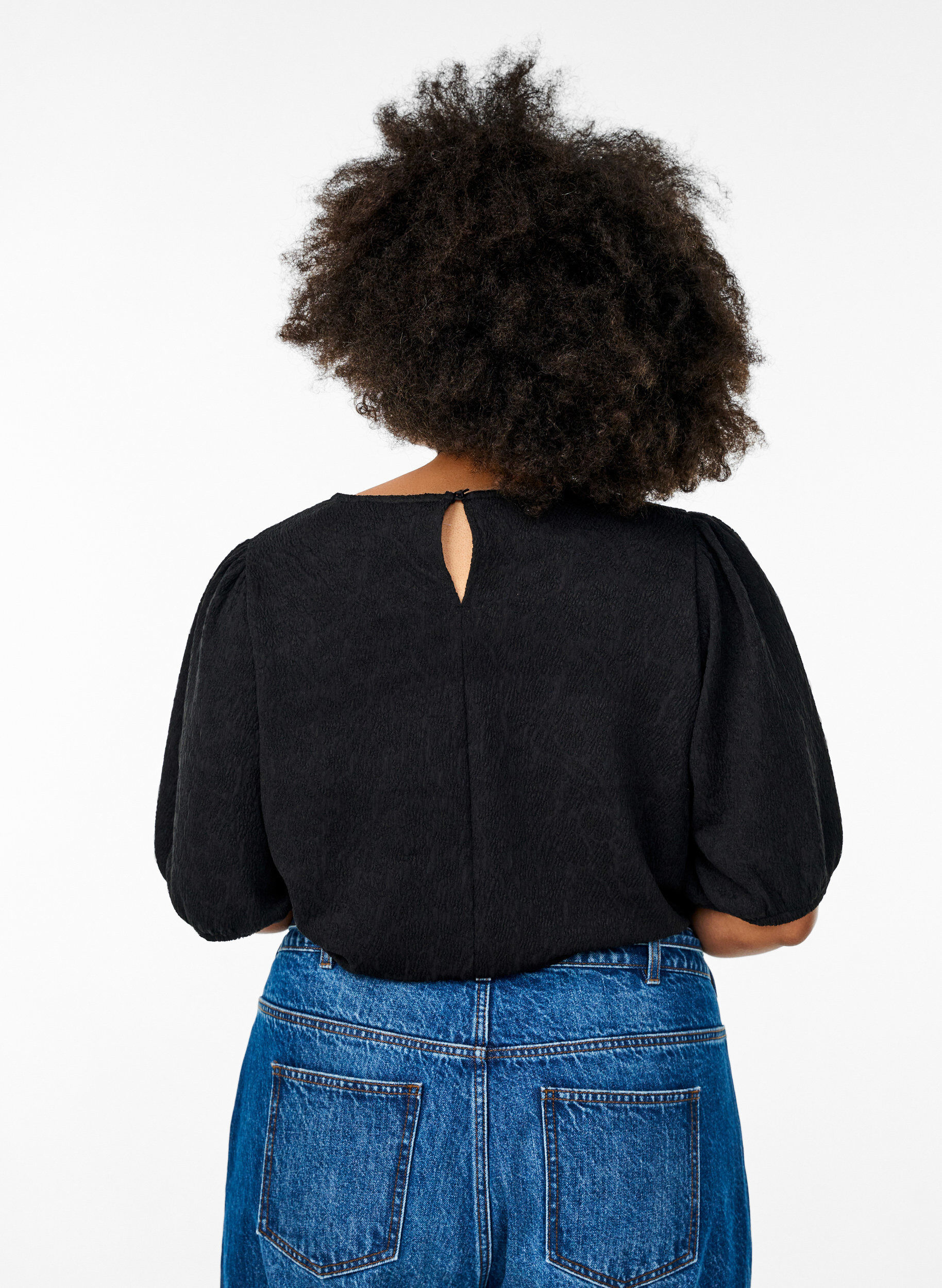 ZizziStrukturerad blus med korta &auml;rmar, Svart, Model image number 2