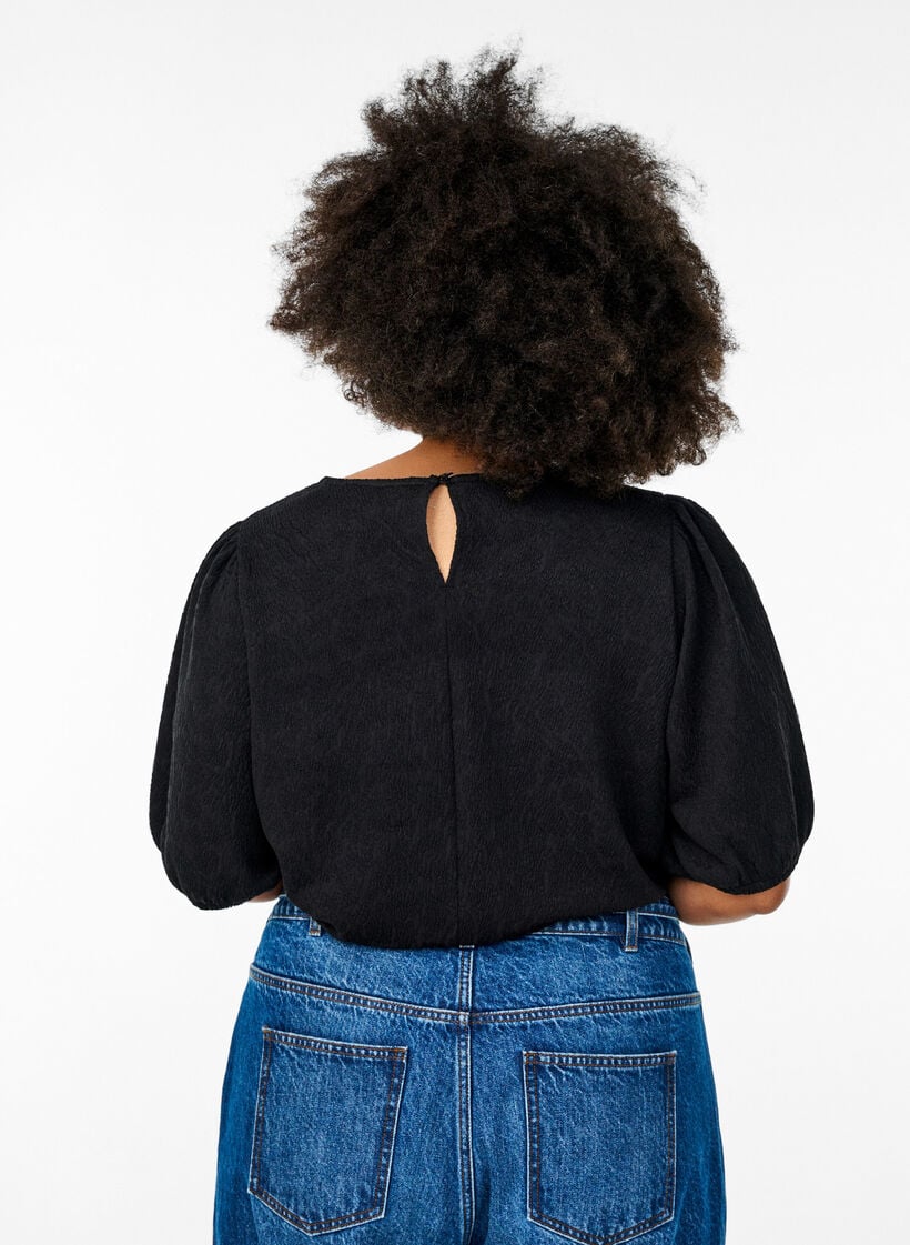 Strukturerad blus med korta &auml;rmar, Svart, Model image number 2