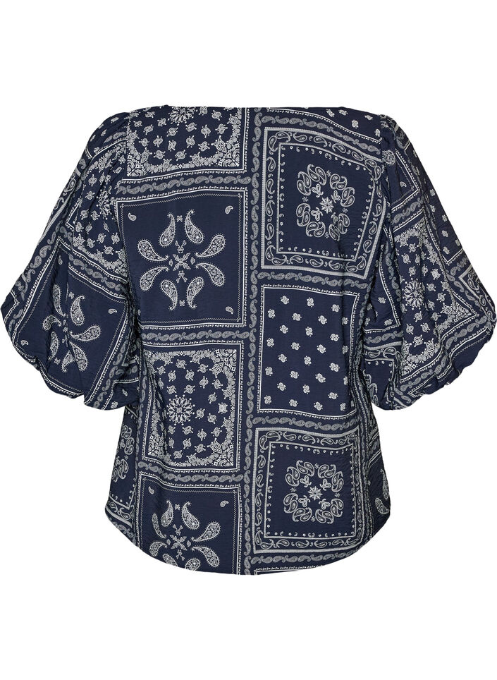 Blus i viskos med paisleym&ouml;nster och ballong&auml;rm, Bl&aring;, Packshot image number 1