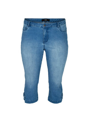 Trekvartsbyxor i jeans med rosett, Blue denim, Packshot image number 0