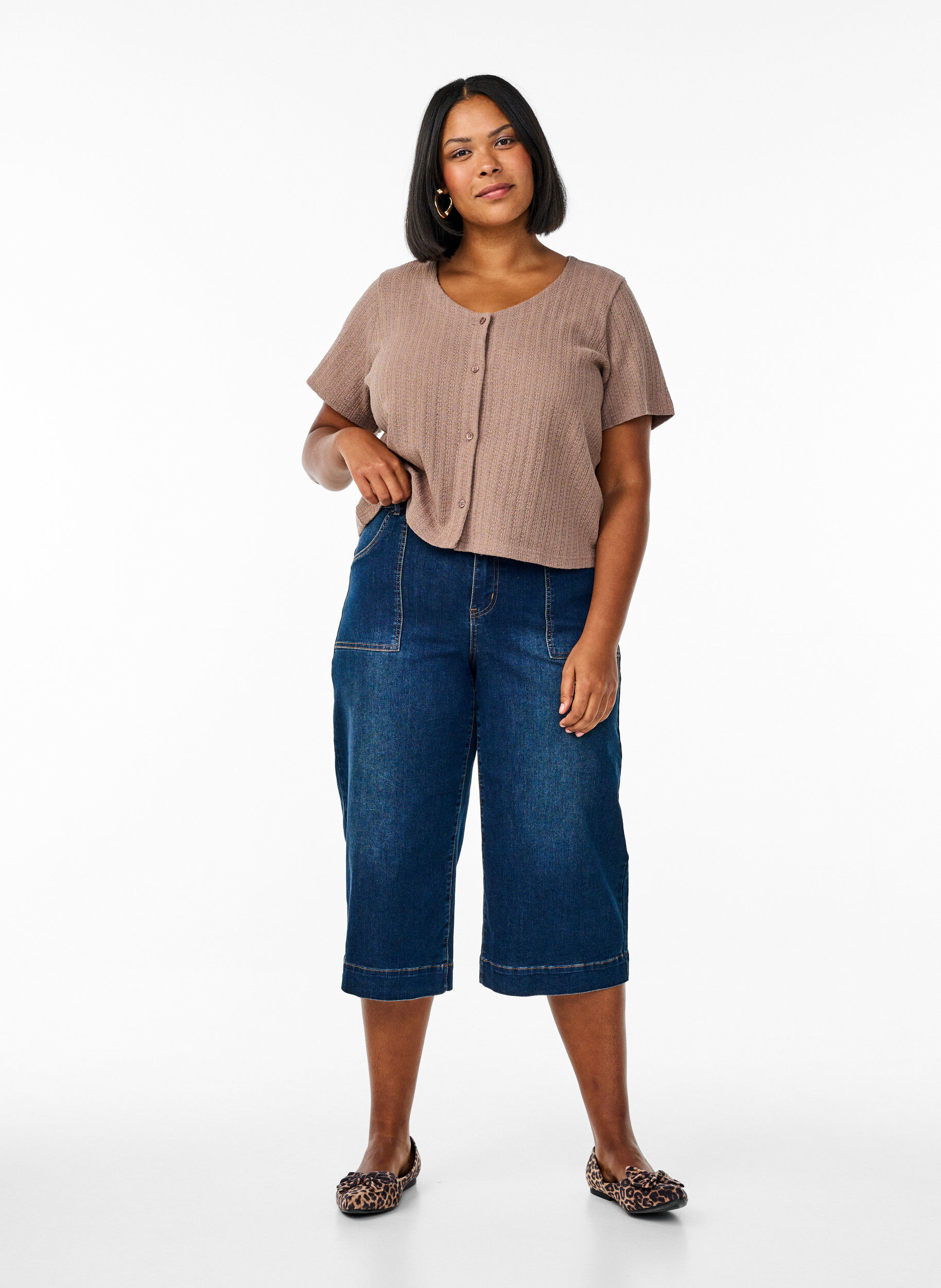 Zizzi Kort&auml;rmad kofta i jersey, Brun, Model image number 1