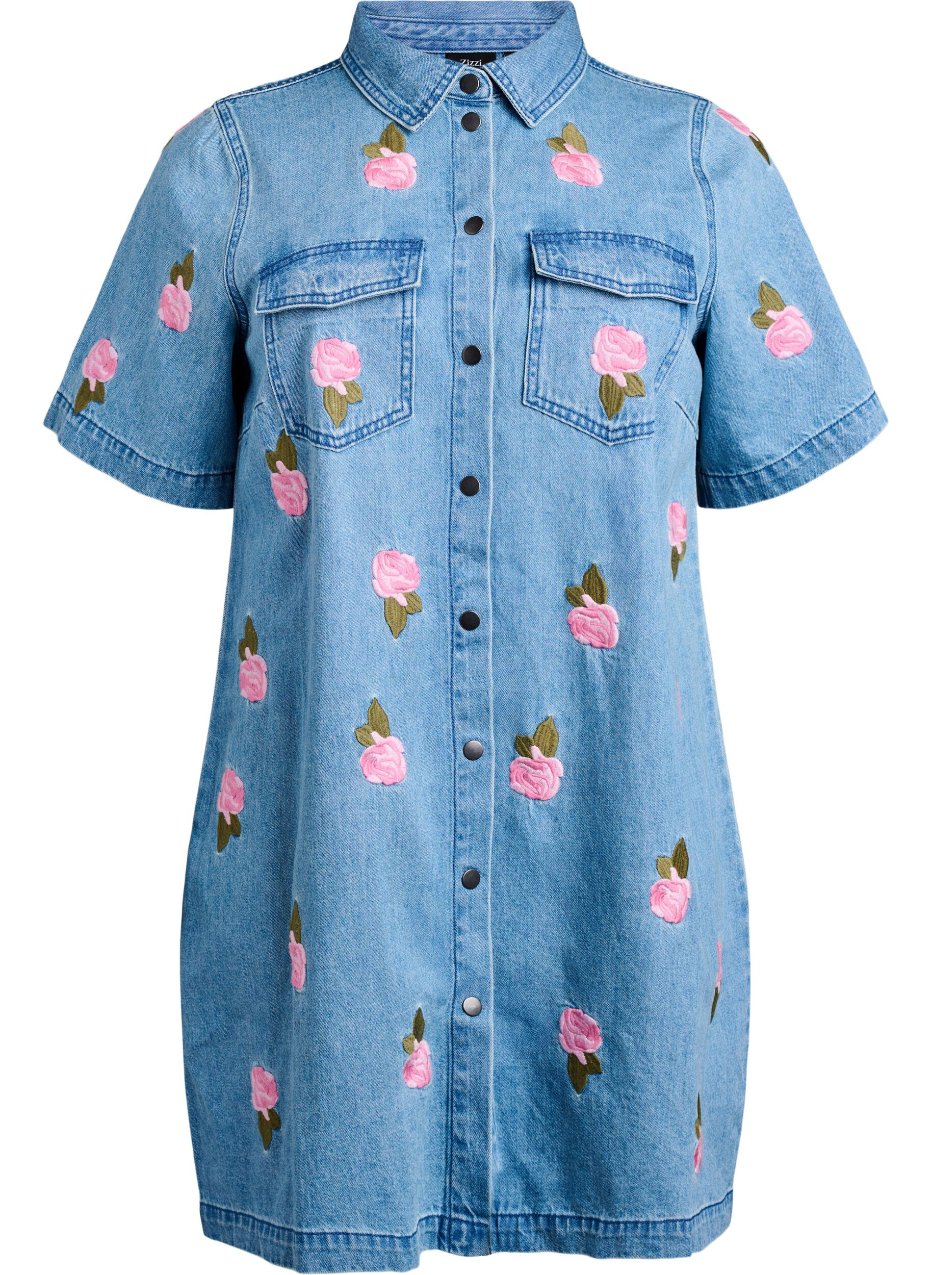 Zizzi Kort jeanskl&auml;nning med broderade blommor, LBD w. Flower, Packshot image number 0