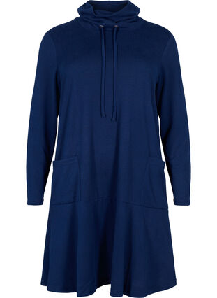 Jerseyklänning med hög hals och fickor, Dress Blues Mel., Packshot image number 0