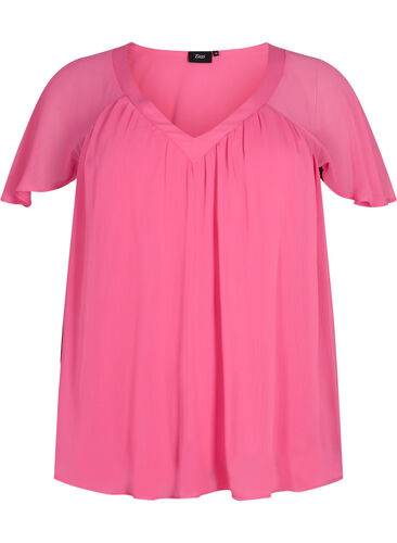 Enfärgad blus med fladdermusärmar och V-ringad hals, Shocking Pink, Packshot image number 0