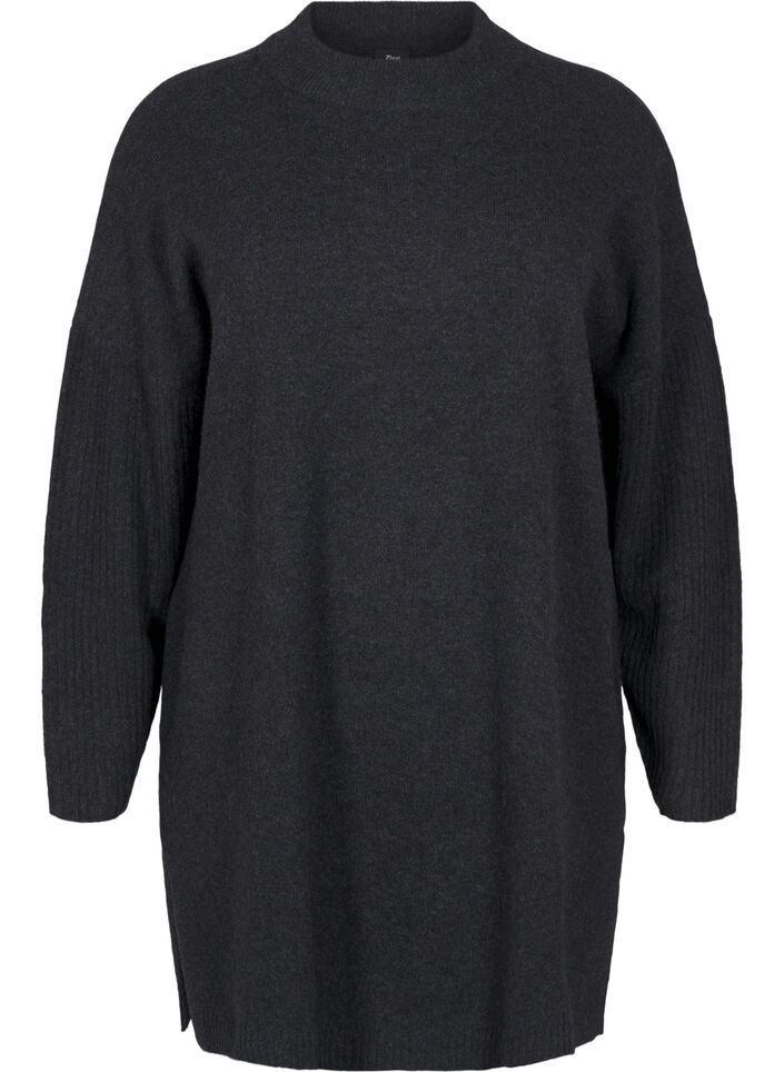Lång stickad blus med långa ärmar, Dark Grey Melange, Packshot image number 0