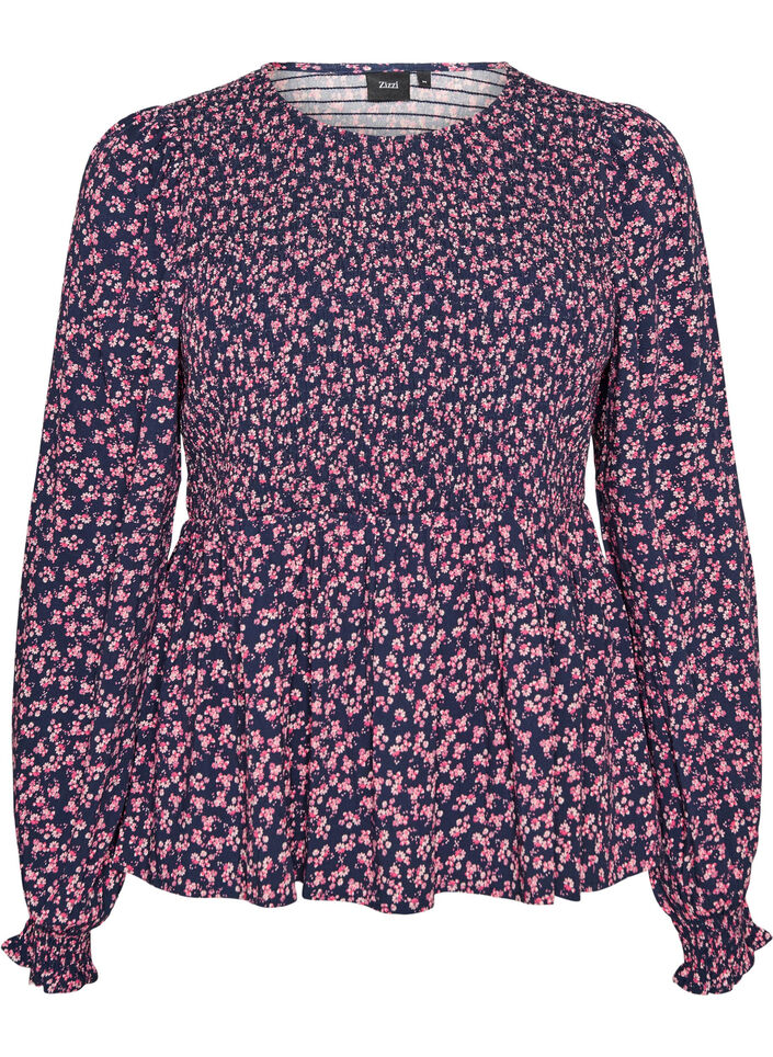 Blus med smock upptill och blommigt m&ouml;nster, Bl&aring;, Packshot image number 0