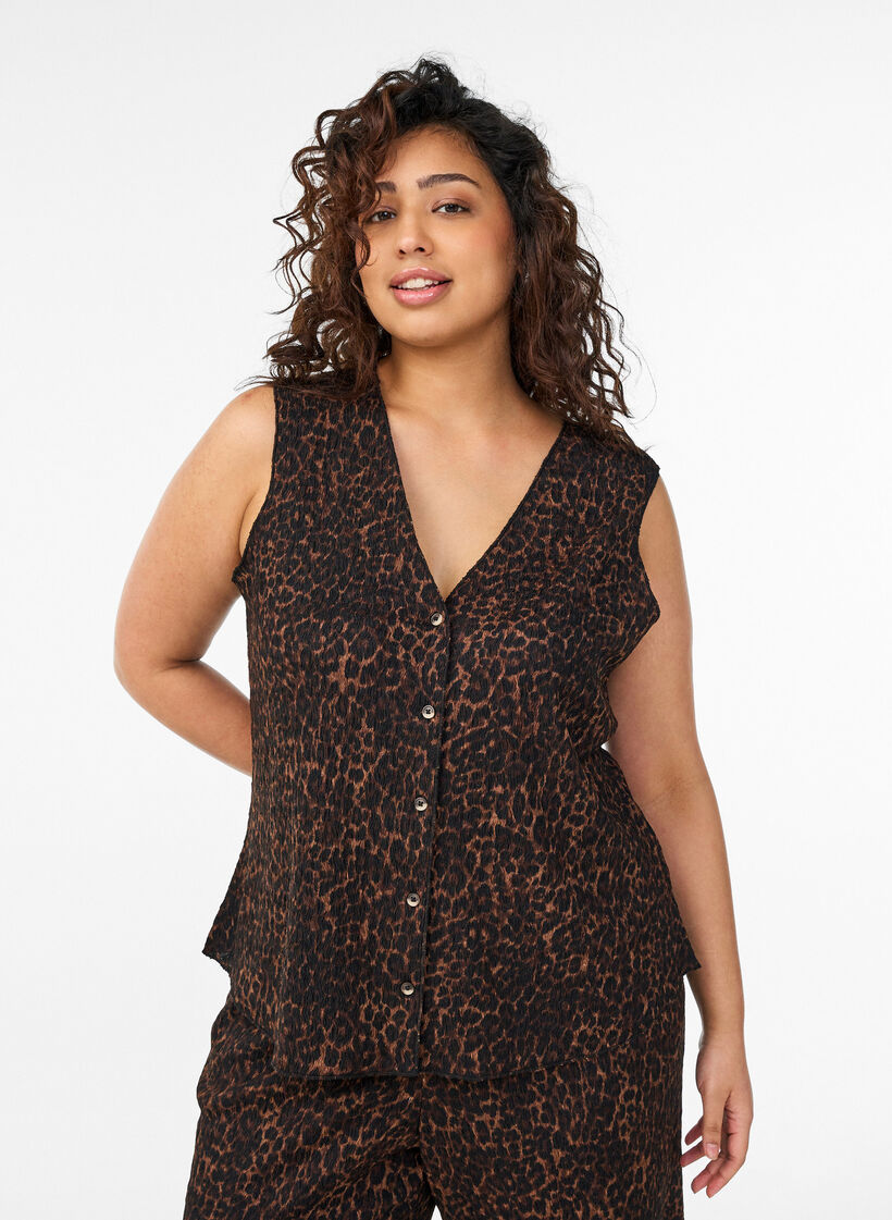 &Auml;rml&ouml;s topp med v&aring;gig struktur och kn&auml;ppning, Brun, Model image number 0