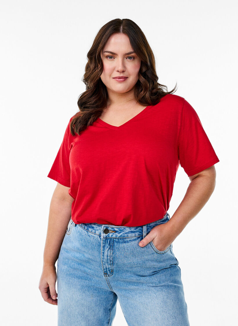 Kort&auml;rmad enkel t-shirt med v-ringning, R&ouml;d, Model image number 0