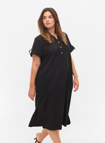 Lång skjortklänning med korta ärmar, Black, Model image number 0
