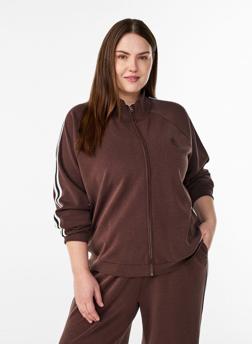 Tr&auml;ningstopp med h&ouml;g hals och r&auml;nder p&aring; &auml;rmarna, Brun, Model image number 0