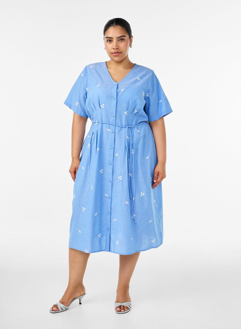 Skjortkl&auml;nning i bomull med broderade blommor, Bl&aring;, Model image number 0