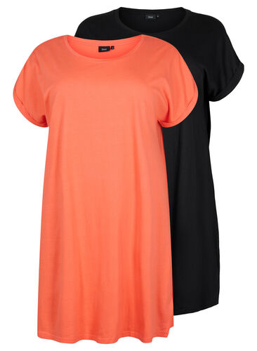2-pack klänningar i bomull med korta ärmar, Living Coral / Black, Packshot image number 0