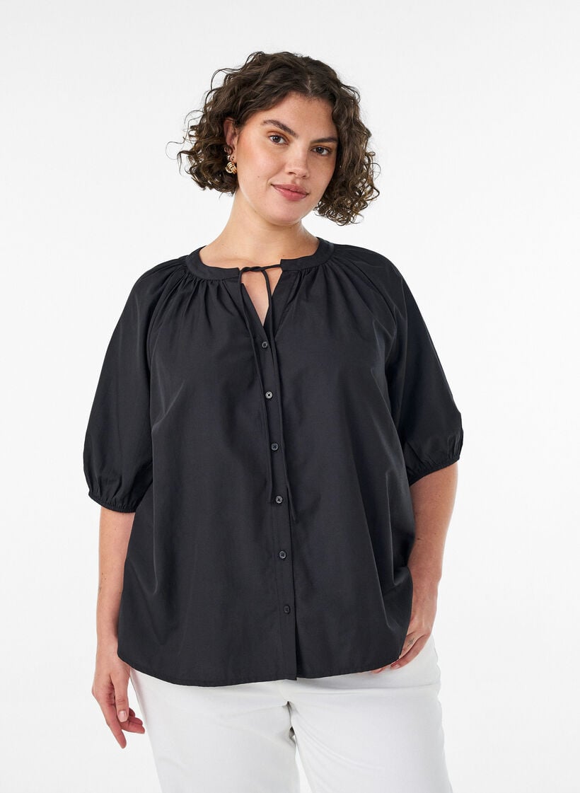 Skjortblus med kn&auml;ppning och knytsk&auml;rp, Svart, Model image number 0