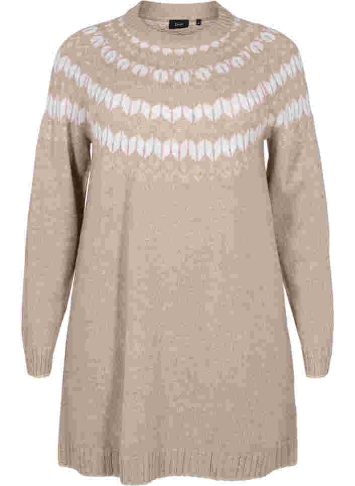 Stickad klänning med ull och mönster, Simply Taupe Comb, Packshot image number 0
