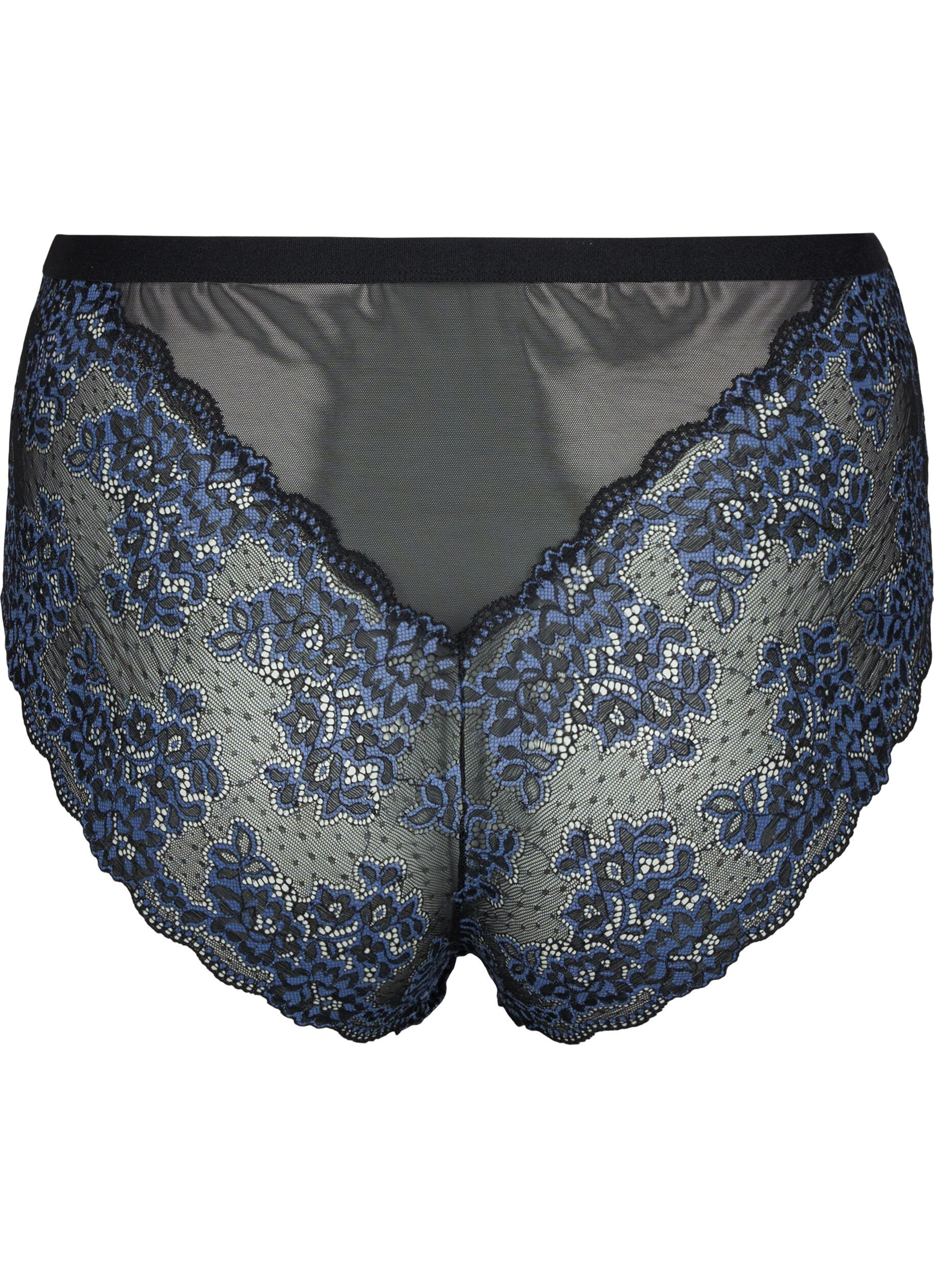 Zizzi Spetstrosa med h&ouml;g midja, Black w. blue lace, Packshot image number 1