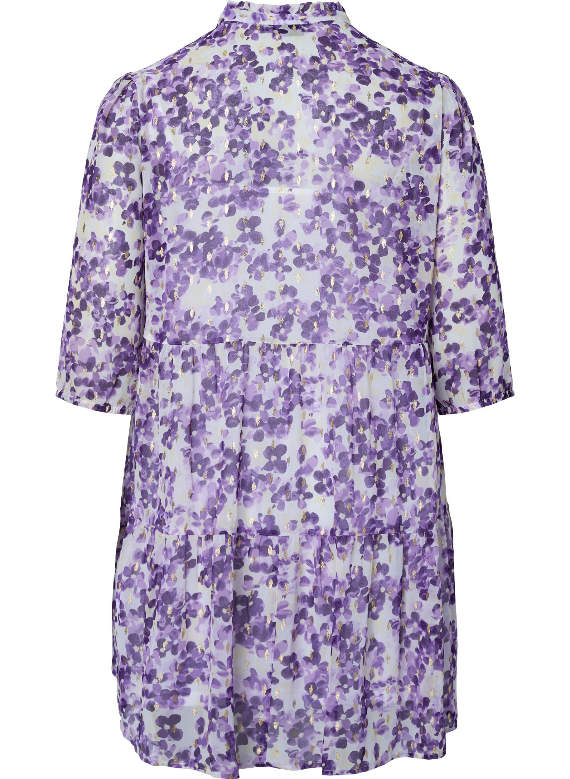 Zizzi Tunika i blomm&ouml;nster och lurex, Beige/Purple Flower, Packshot image number 1