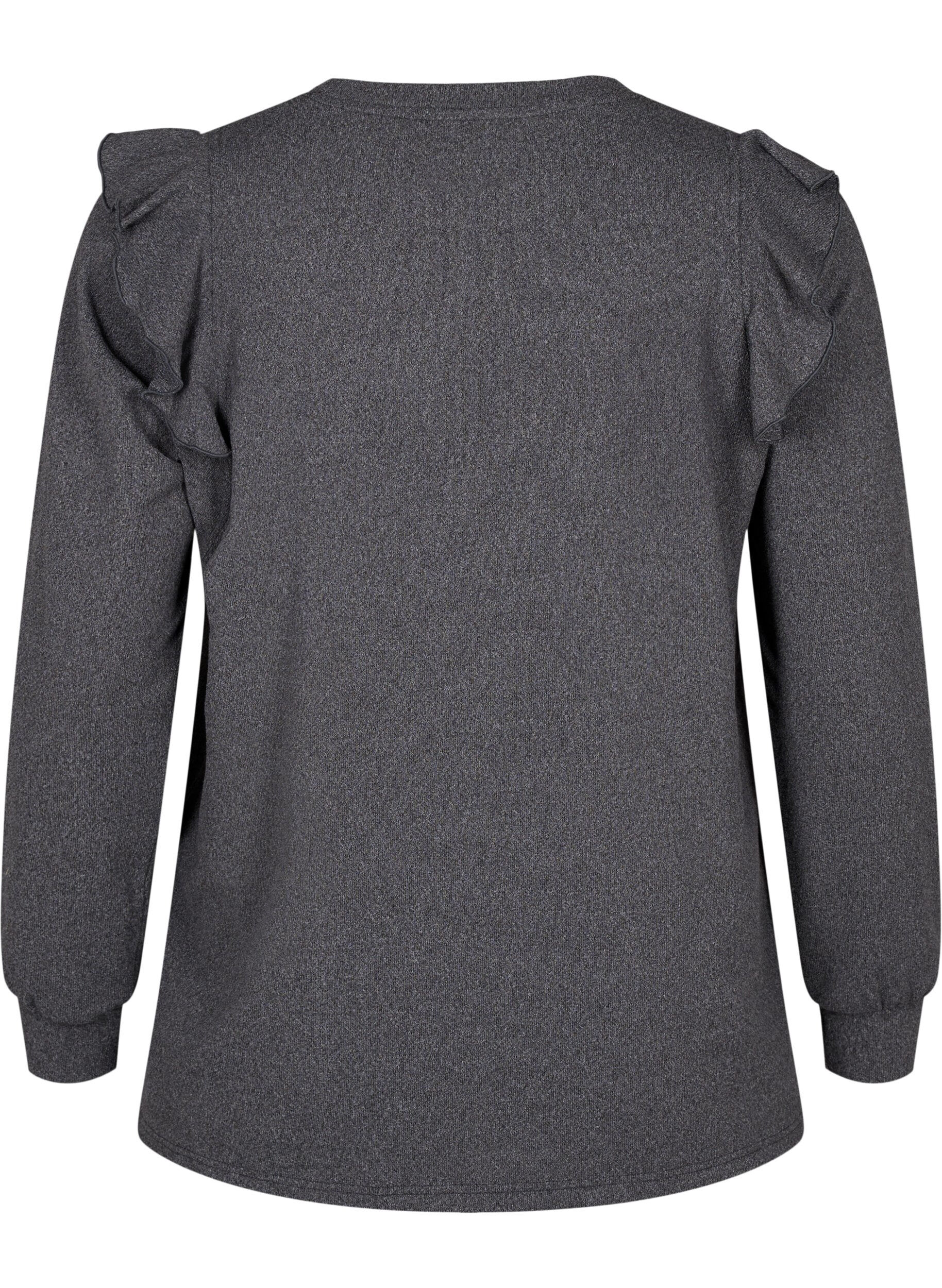 Zizzi L&aring;ng&auml;rmad blus med volangdetaljer, Dark Grey Melange, Packshot image number 1