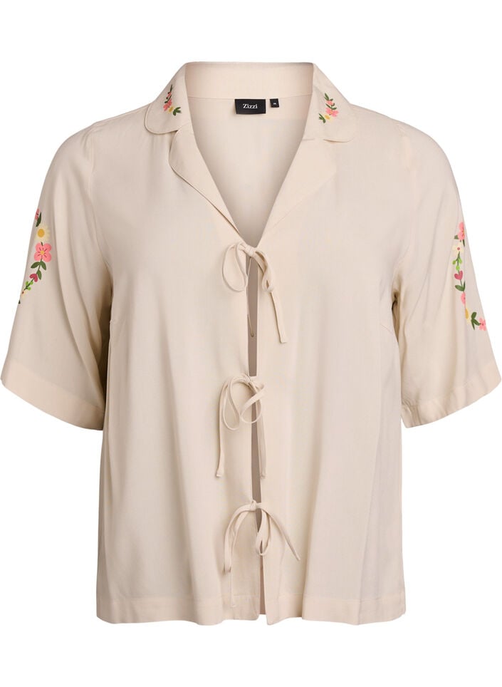 Pyjamastopp i viskos med knytning och blommigt m&ouml;nster, Beige, Packshot image number 0