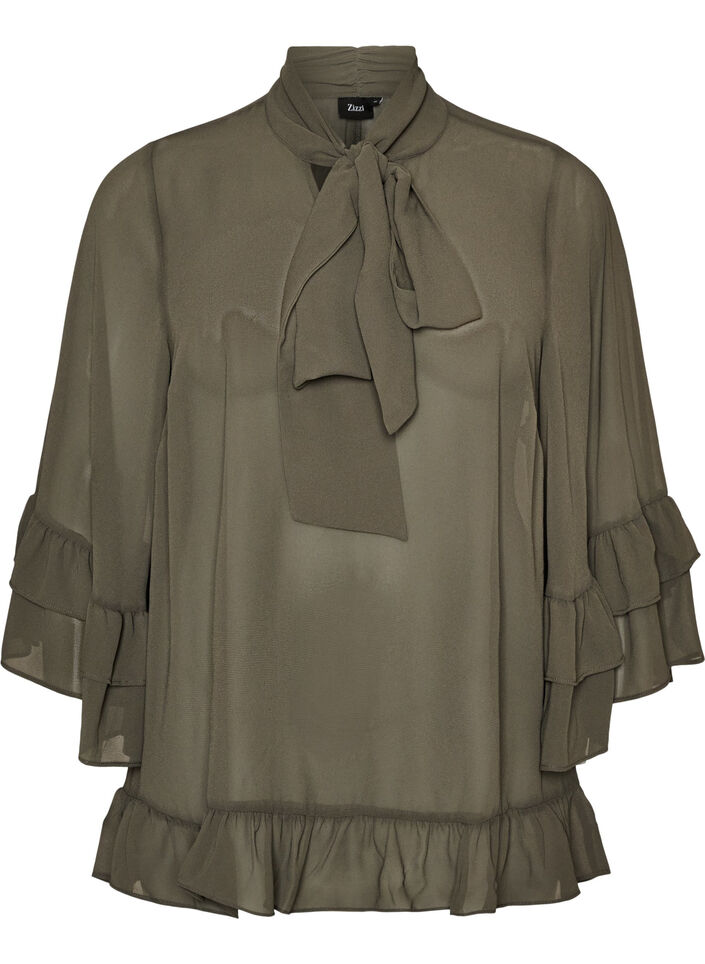 Blus med knytband och volangdetaljer, Gr&aring;, Packshot image number 0