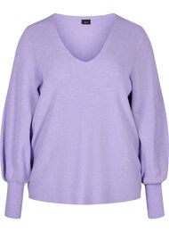 Stickad tröja med v-ringad hals och ballongärmar, Purple Rose Mel
