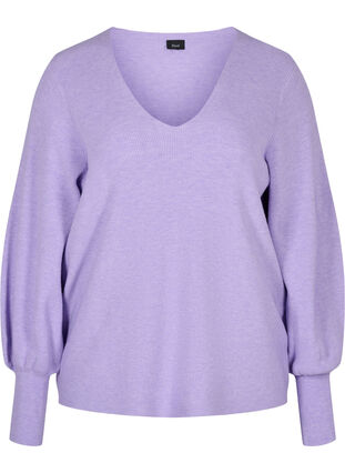 Stickad tröja med v-ringad hals och ballongärmar, Purple Rose Mel, Packshot image number 0