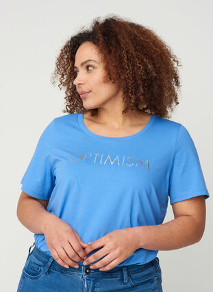 Kortärmad bomulls t-shirt med tryck, Ultramarine OPTIMISM, Model image number 0