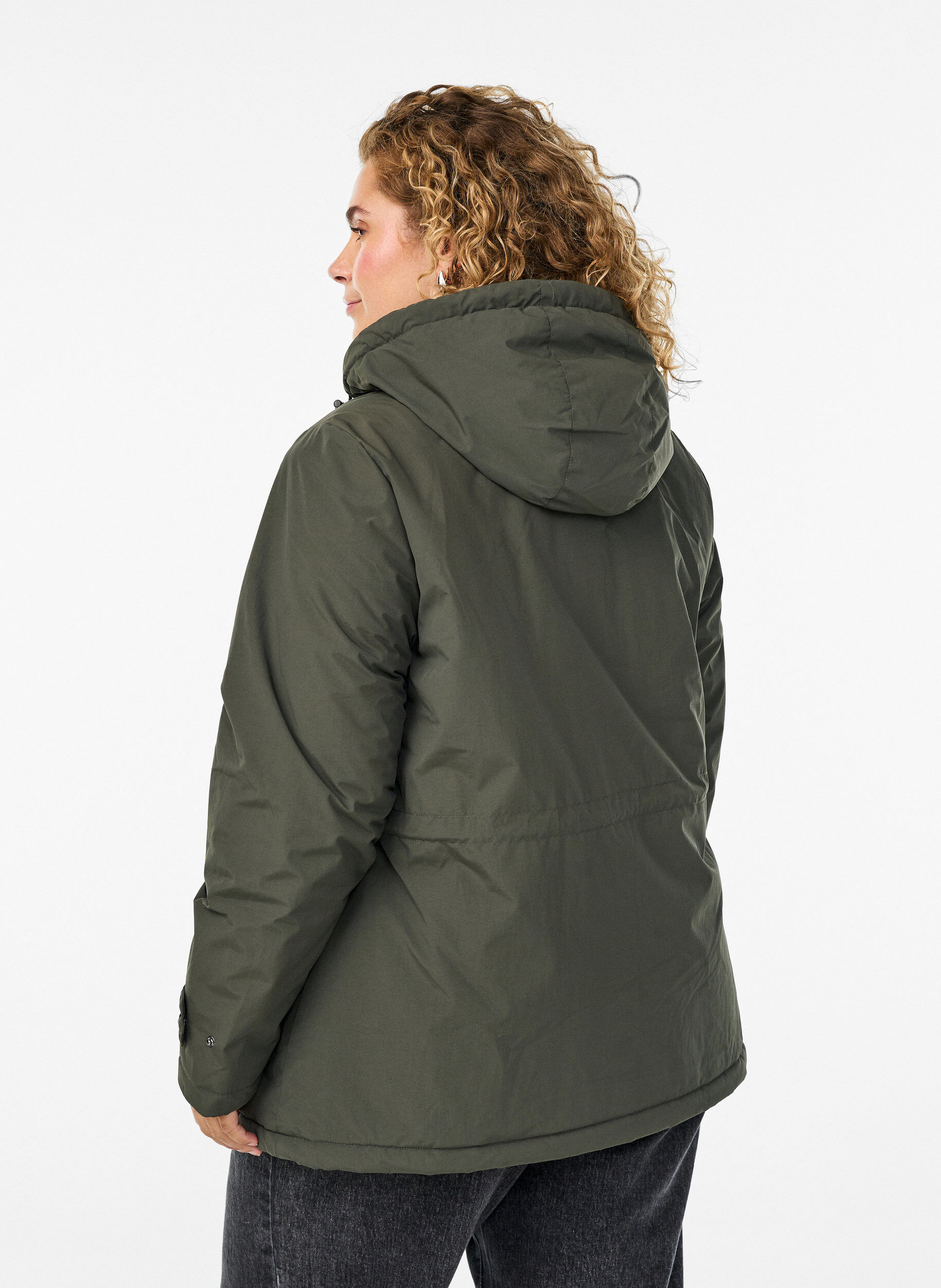 Zizzi L&auml;tt vadderad parkas med teddyfodrad huva, Gr&ouml;n, Model image number 2