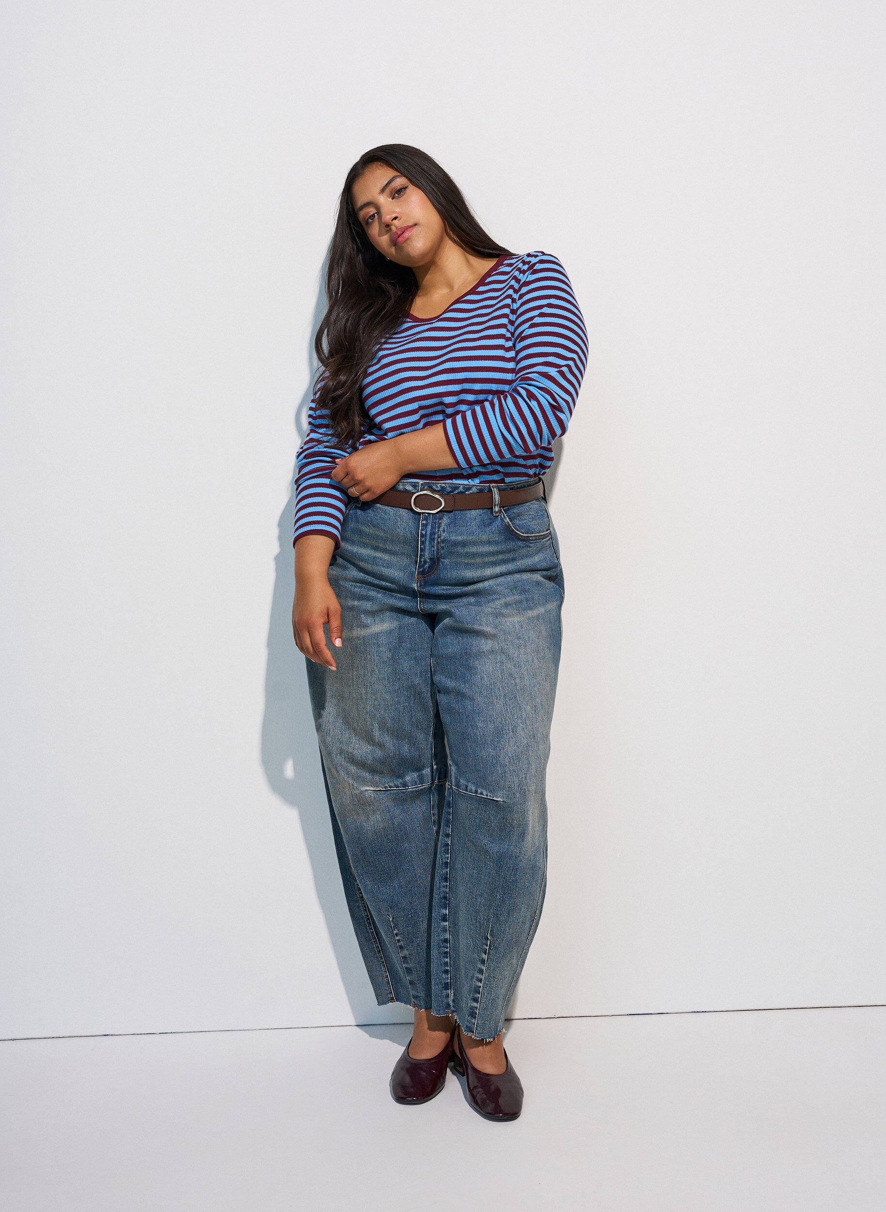 ZizziRandig blus med l&aring;nga &auml;rmar, Bl&aring;, Model image number 1
