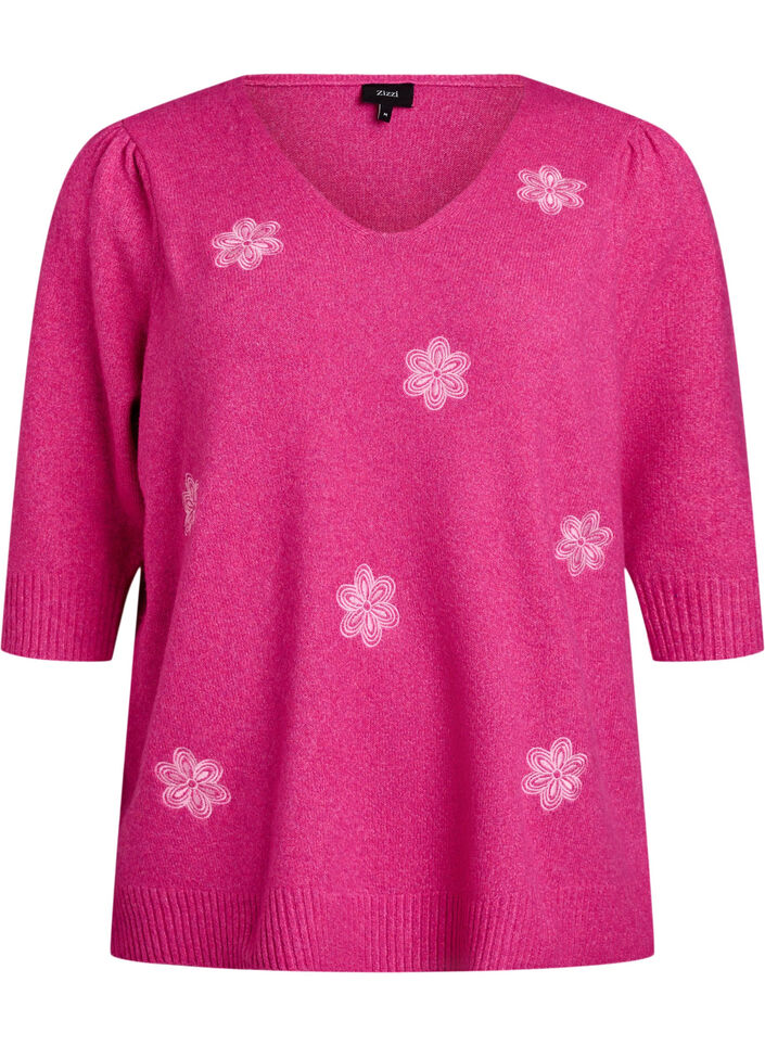 Stickad blus med broderade blommor, R. Rose Mel. Comb, Packshot image number 0