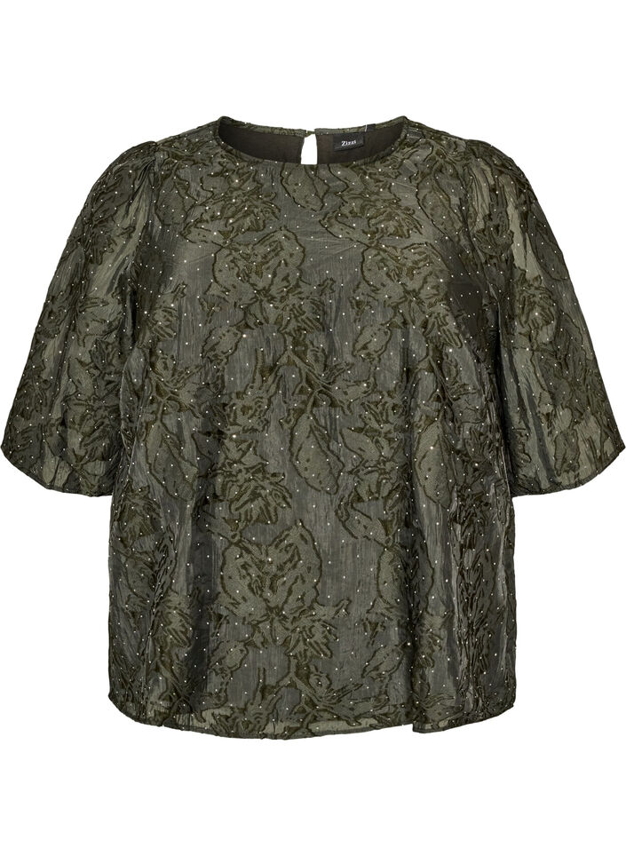 Jacquardblus med glittriga detaljer och puff&auml;rmar, Gr&ouml;n, Packshot image number 0