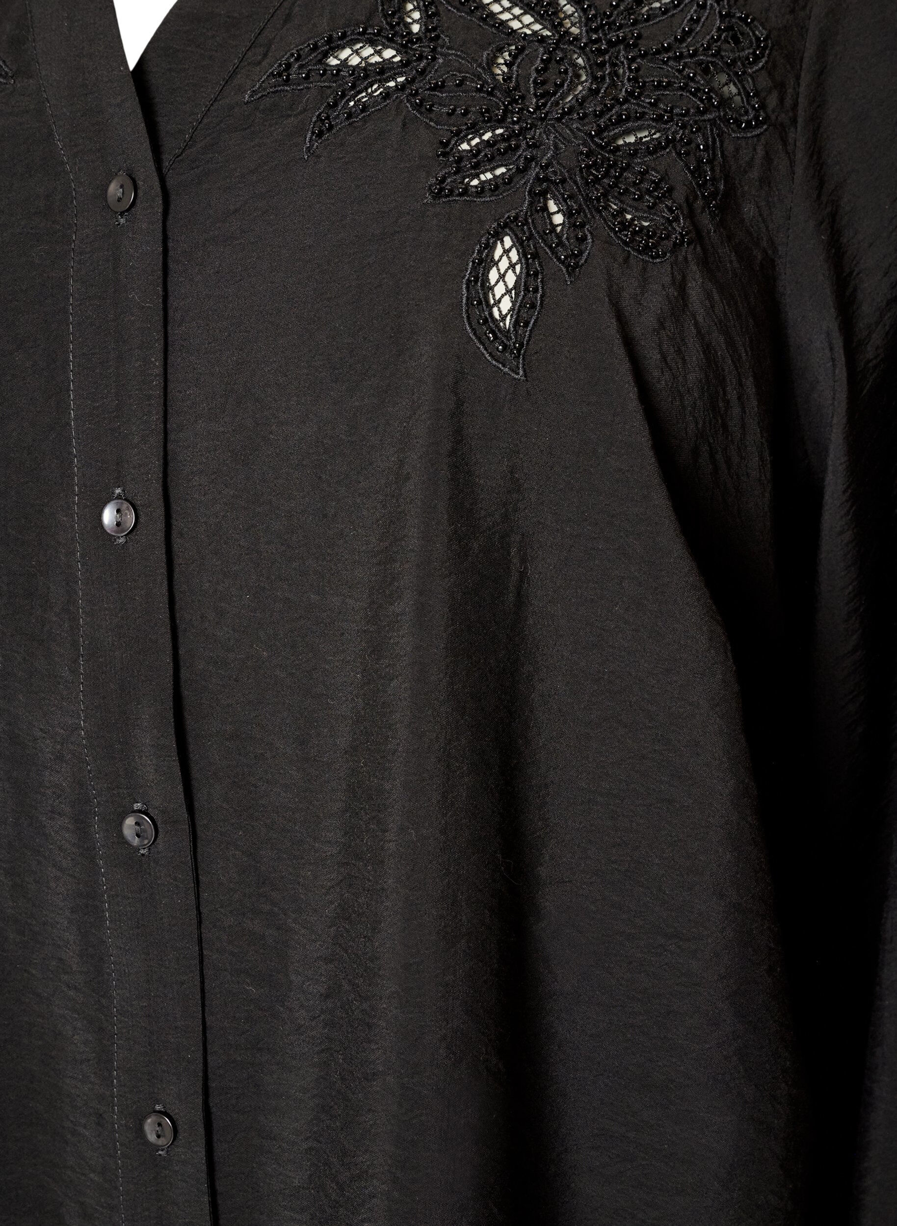 ZizziSkjortblus med broderade blomapplikationer, Svart, Packshot image number 2