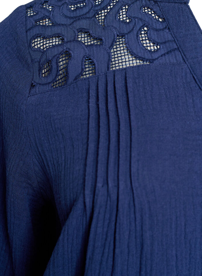 Blus i bomullsmuslin med broderade detaljer, Bl&aring;, Packshot image number 3