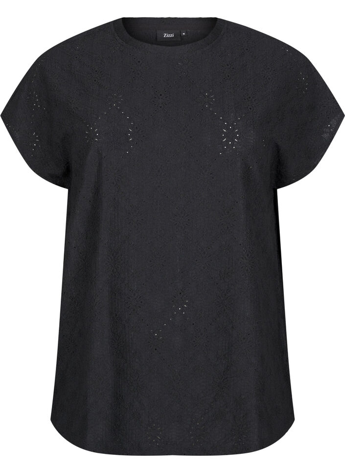 Blus med korta ärmar och blommig broderi, Black, Packshot image number 0