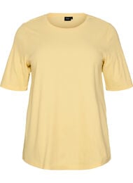 Blus i ribbad jersey med korta &auml;rmar, Gul