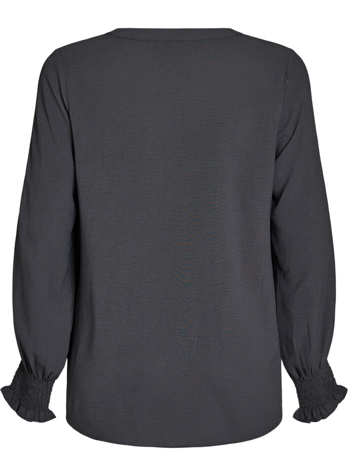 Blus med smockade manschetter och v-ringning, Gr&aring;, Packshot image number 1