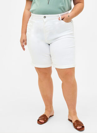 Åtsittande jeansshorts med hög midja, Bright White, Model image number 2